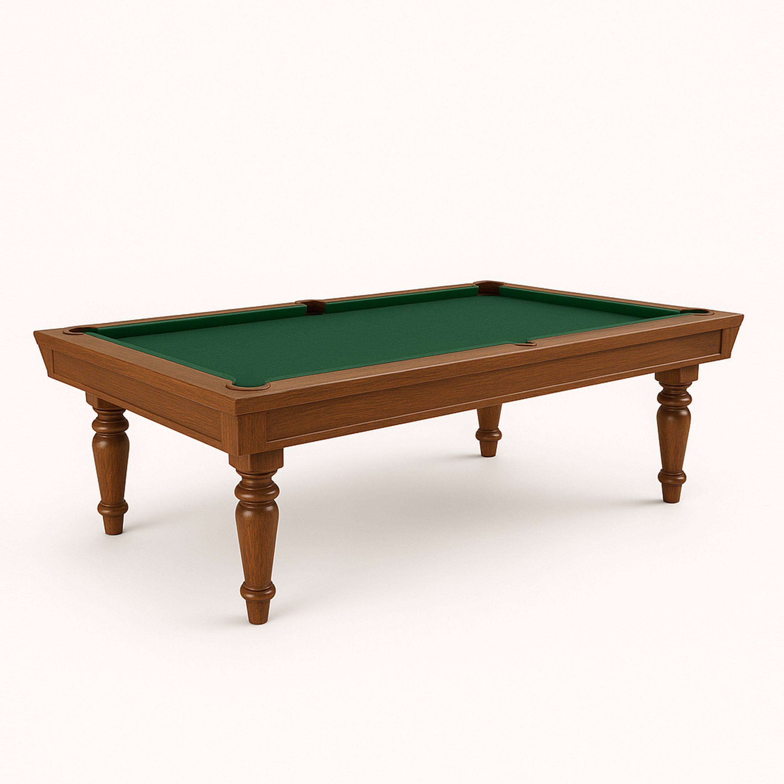 A classic wooden pool table with green felt top and turned legs, set against a neutral background.