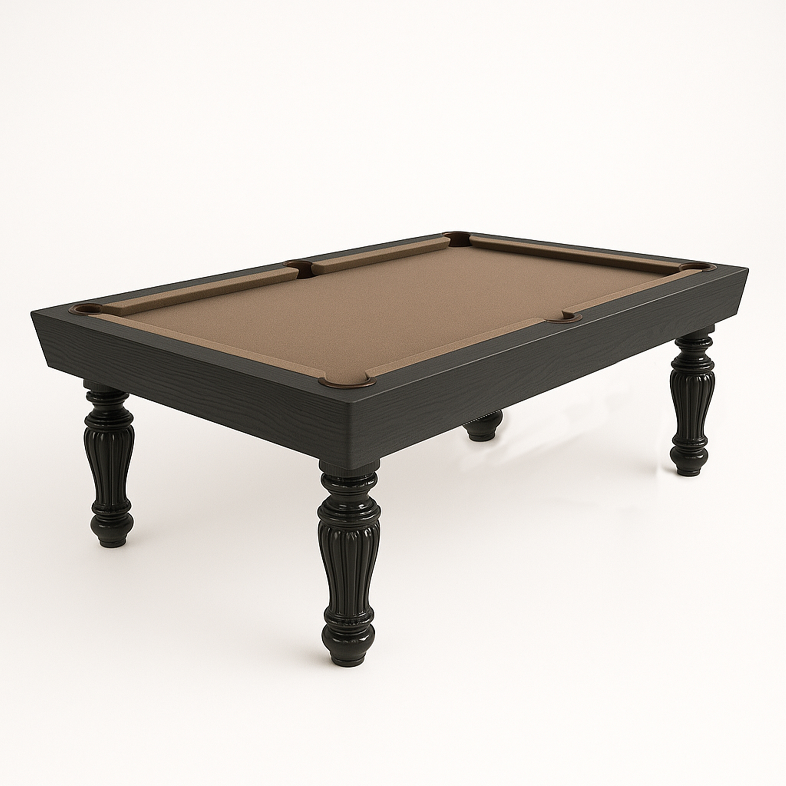 A stylish black pool table with ornate legs and a brown felt playing surface.